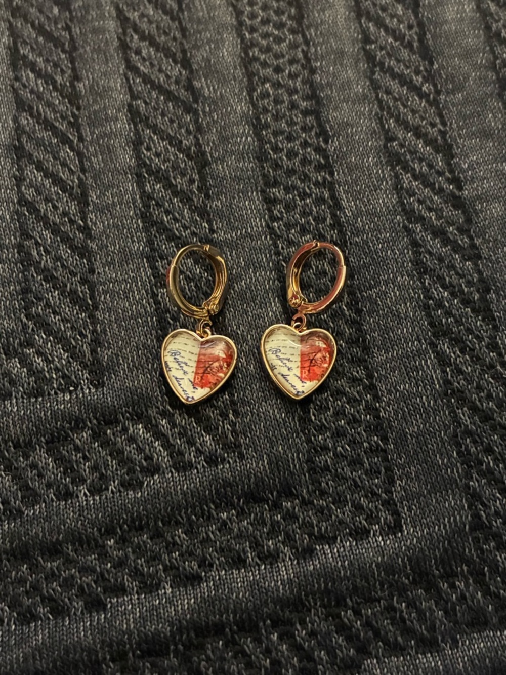 Demdaco Gold Heart Drop Earrings with Red and Cream Inlay